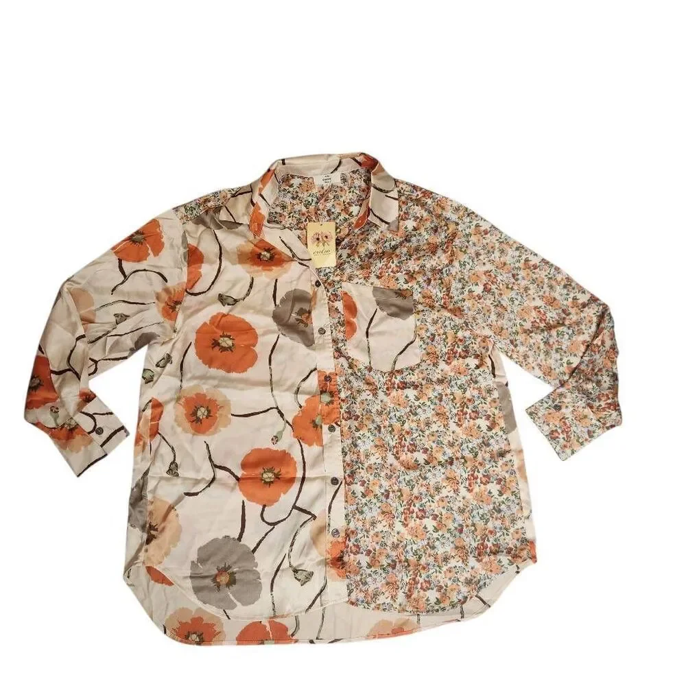 Entro‎ Satin Top Blouse Womens Small Oversized Satin Floral Boho Tunic New
